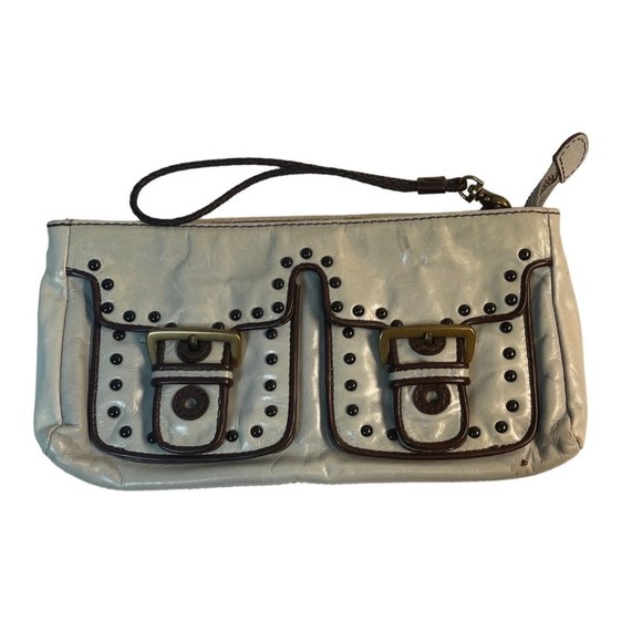 Kate Landry Handbags - Kate Landry Leather Handbag Zipper Clutch Baby Blue Brown Stitch